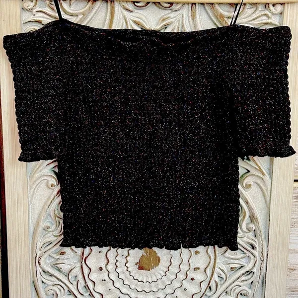 Urban Outfitters Smocked OffShoulder CropTop BLk Metallic Sparkle festival NWT M - Image 5