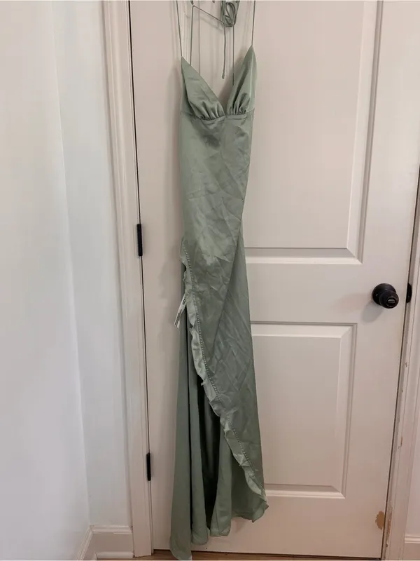 Lucy in the Sky Sage Green Ruffle-Slit Slip Maxi Dress - Image 2