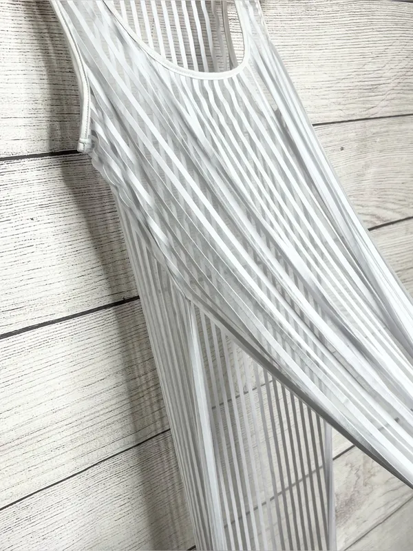 Sheer White Stripe Scoop Neck Sleeveless High Slit Maxi Dress Swim Cover Small - Image 6
