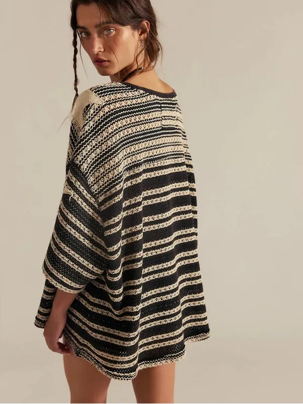 Free People We The Free Fun in the Sun Black & Cream Striped Star Knit Top - Image 2