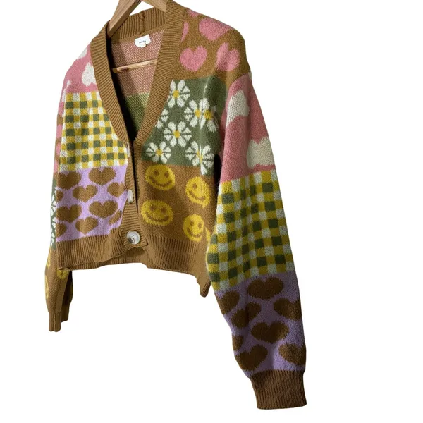 Debut Quirky Patchwork Cropped Cardigan Womens XS Brown Pink Retro Indie Whimsy - Image 7