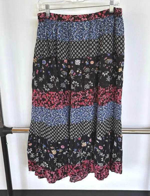 Bohemian Tiered Floral Prairie Midi Skirt Americana Modest Broomskirt Large - Image 3