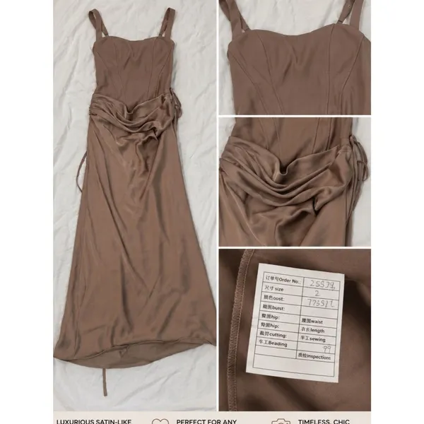 Brown Satin Corset Draped Maxi Dress Size 2 Ruched Side Tie Formal Evening - Image 2