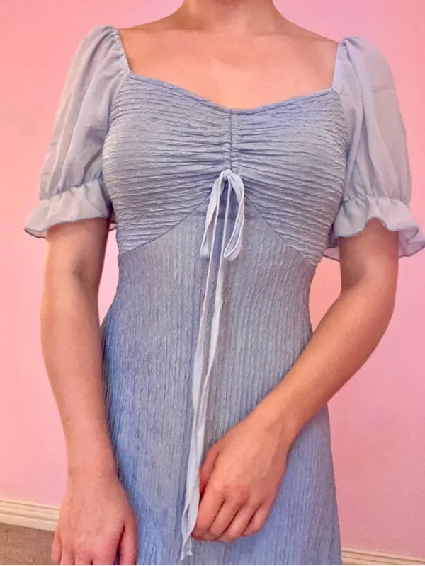 Light Blue Puff Sleeve Ruched Front Dress - Image 3