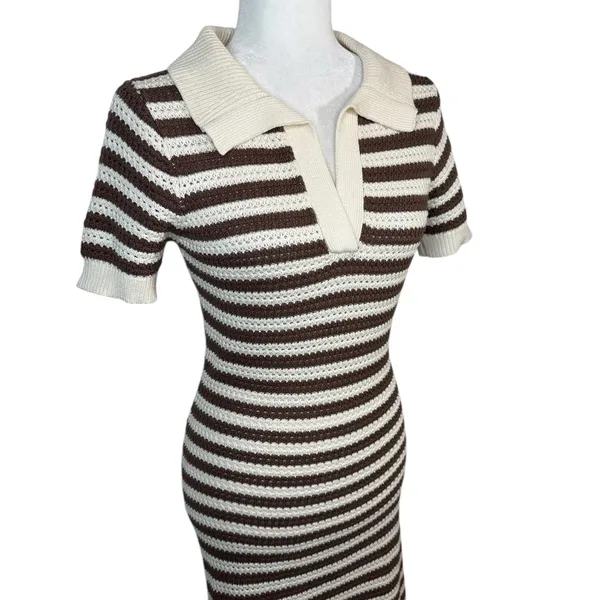 The Workshop Crocheted Midi Dress S Brown Striped Collared Retro Cotton Knit‎ - Image 5