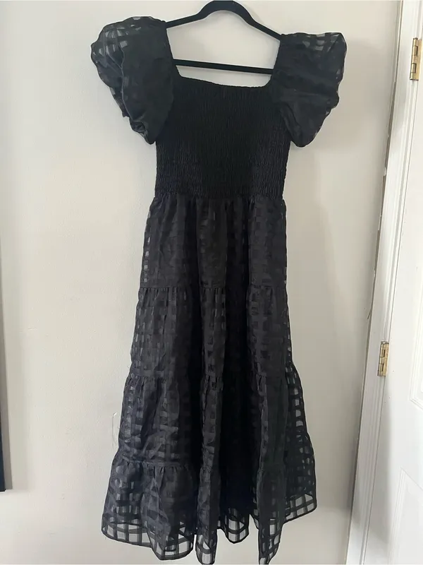 Prettygarden Black Smocked Puff Sleeve Midi Dress Medium Romantic Evening - Image 6