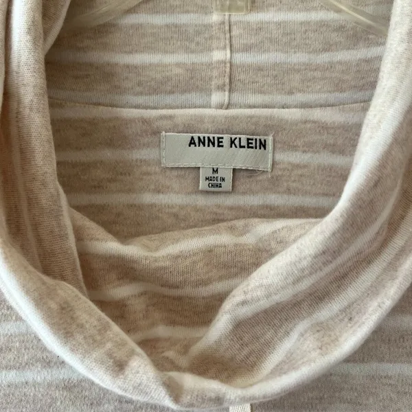Anne Klein Sz M Funnel Neck Beige Striped Stretch Knit Sweater Dress Pullover - Image 2