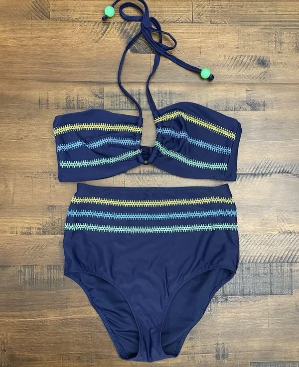 Aerie Two Piece Swimsuit Blue Embroidered Full Coverage High Waist Bottom M/L - Image 2