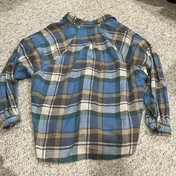 American Eagle blue, green, brown, tan, white plaid long sleeve flannel S - Image 9