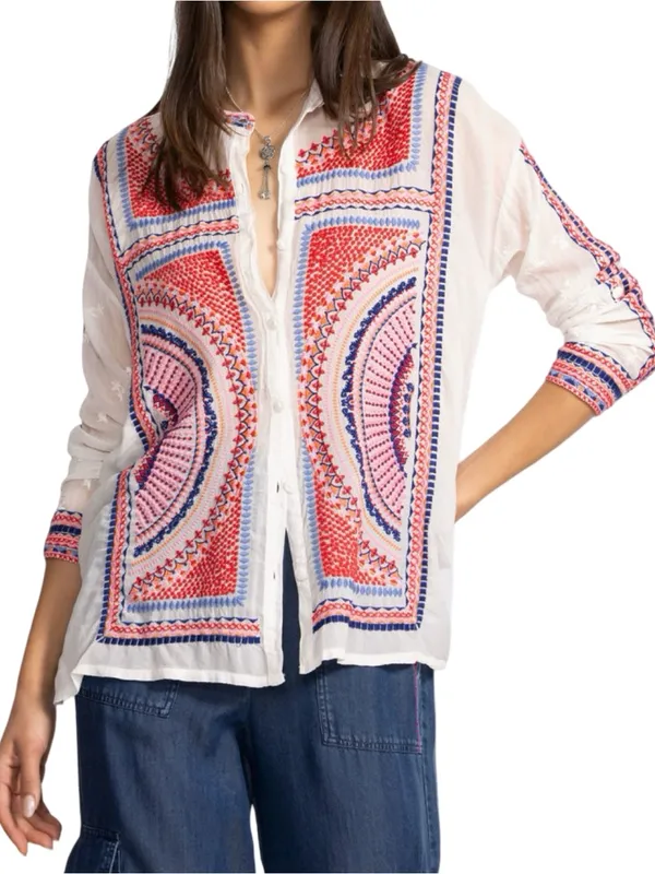 Johnny Was Women’s Size S White Pink Red Blue Embroidery Button Down Blouse - Image 2