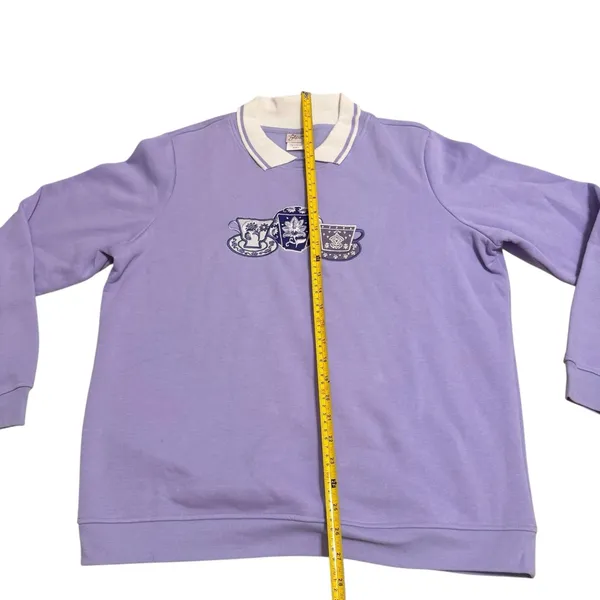 Vintage Grannycore Collared Sweatshirt‎ Pastel Purple Teacup Embroidered Size L - Image 7