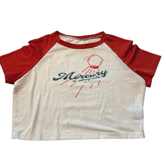 Mercury In Retrograde Crop Baby Tee White Red Raglan Baseball Astrology Size‎ M - Image 2