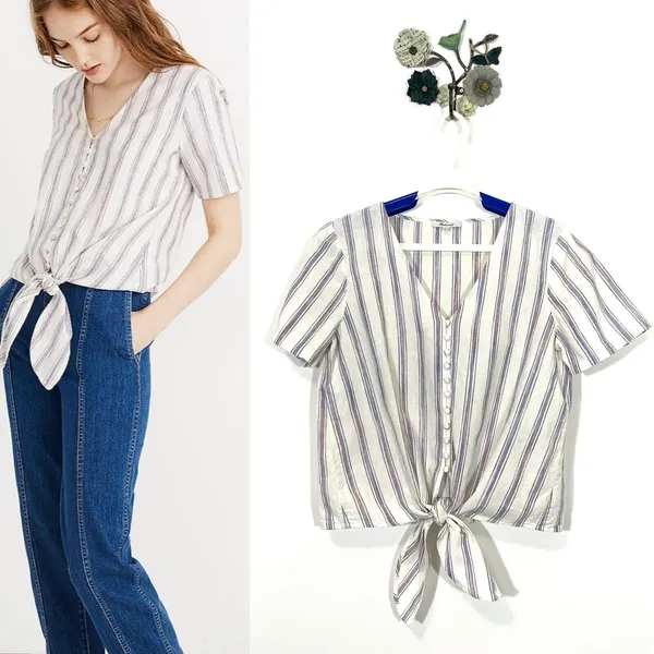 Madewell Agency Button Front Top in Sarasota Stripe Ivory Size Medium Tie Hem - Image 3