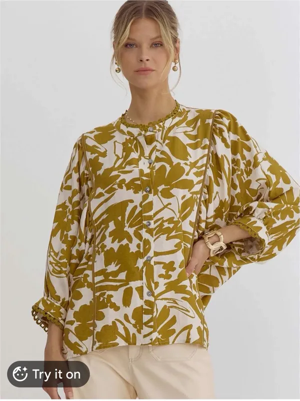 Entro Leaf Print Button Down Top Sz S (fits large) - Image 2