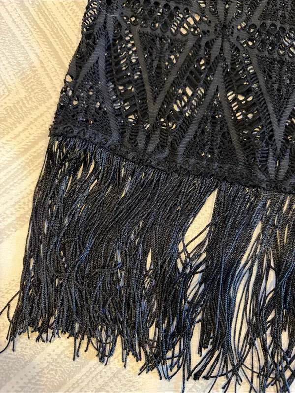 Drew Women’s Black Crochet Short Sleeve Top with Fringe Hem – Size Medium - Image 2