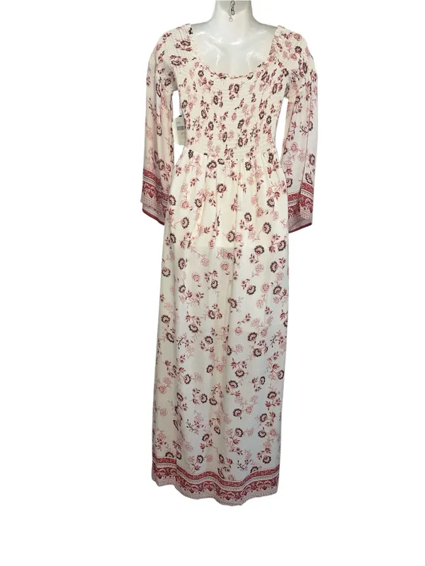 Altar'd State White Off-Shoulder Floral Maxi Dress with Pink Border - Image 5