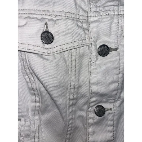 Free People White Distressed Denim Jacket Knit Sleeves Indie Sleaze Crop M - Image 4