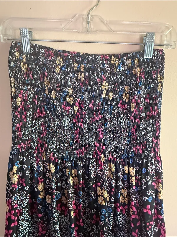Smocked Waist Floral Midi Skirt - Black with Pink, Yellow & Blue Flowers - Image 4
