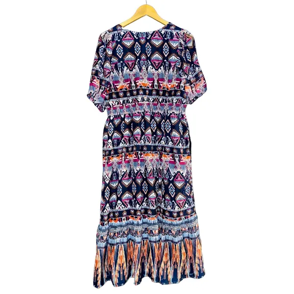 Old Navy A-Line Southwestern Midi Dress Tiered Womens Sz L Bubble Sleeve Smocked - Image 7