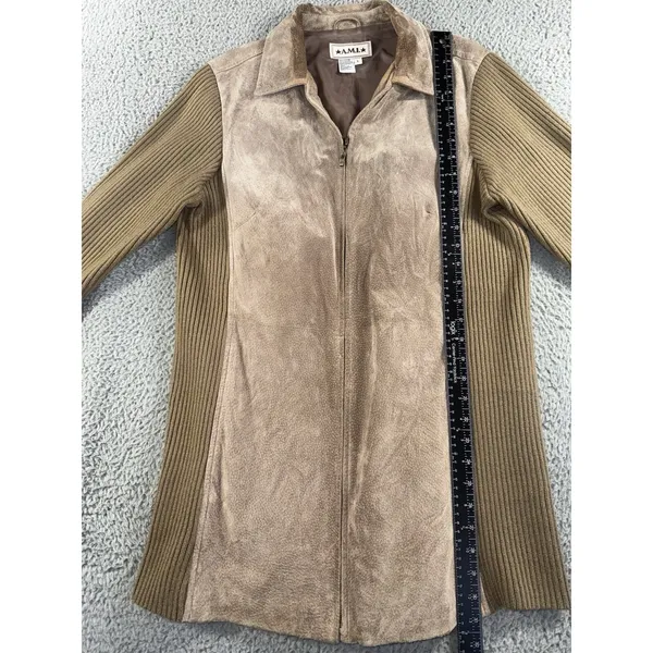Retro Leather Knit Jacket Women L Brown Ribbed Full Zip VTG‎ Boho Mixed Media - Image 5