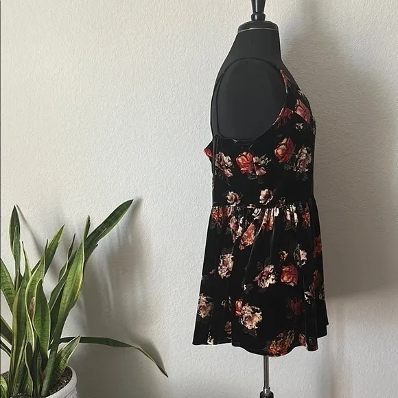 Floral Velour Velvet Black Sleeveless Cross Back Women's Romper - Image 4