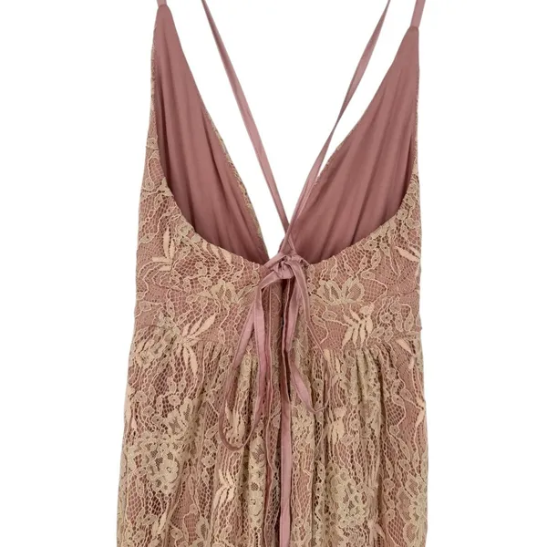 NWT Lulus Lace Up Back Lace‎ Maxi Dress Deep V Neck High Slit Blush Pink Size XS - Image 9