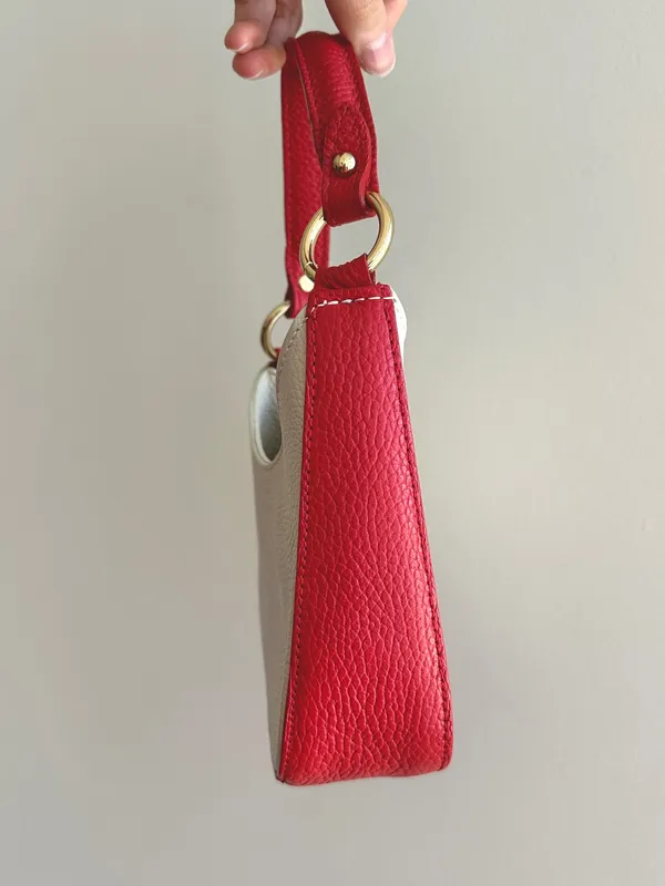 Micro Italian Leather Handbag / Crossbody Bag, Red/White, Mini Halfmoon - Image 2