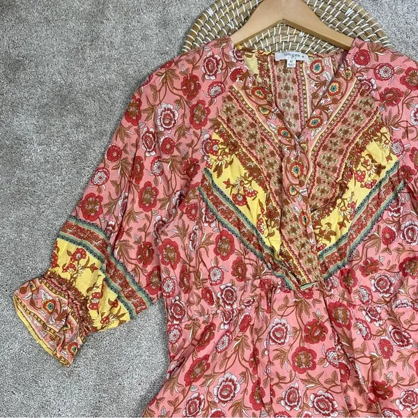 Umgee Floral Border Print Layered Mini Dress Boho Gypsy Rose Pink Plus Size 1X - Image 4