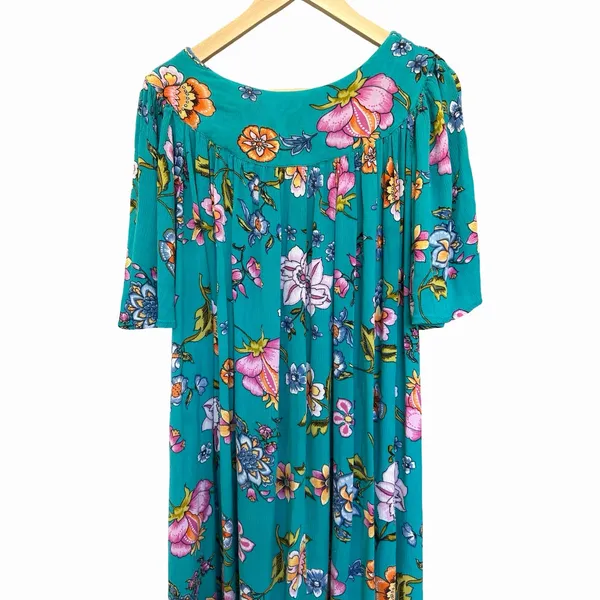 Bechamel Floral Maxi House Dress S Turquoise Pink Boho Cottagecore Artisan Folk - Image 9