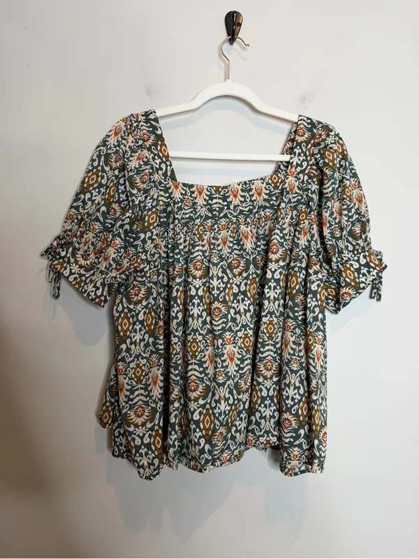 DR2 Boho Peasant Blouse Womens Large Green Floral Puff Sleeve Cotton Shirt - Image 5