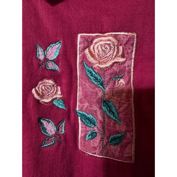 VTG Basic Editions Vintage Embroidered Rose Sweatshirt Collared Pullover‎ Sz L? Red Size L - Image 3