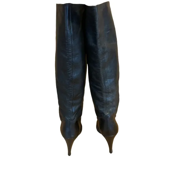 Vintage 1980'S Anne Klein Black Leather Heeled Calf High Boots (6) - Image 4