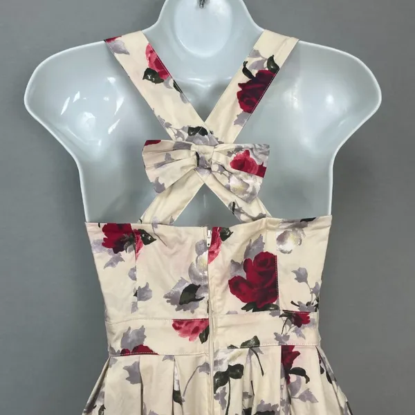 Hell Bunny Eloise‎ Mini Dress Rose Print Cream Bow Adjustable Straps Sz XS Retro - Image 7