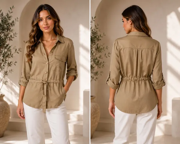 📌 TITLE Zara Khaki Tan Utility Drawstring Button Down Blouse Top XS - Image 2