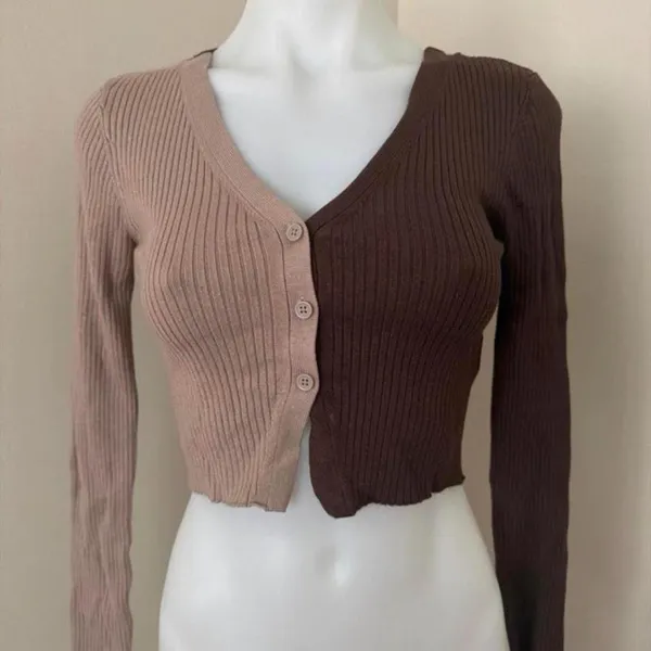 Garage Women’s Button Down Knit Crop Top in Beige & Brown, Small - Image 2