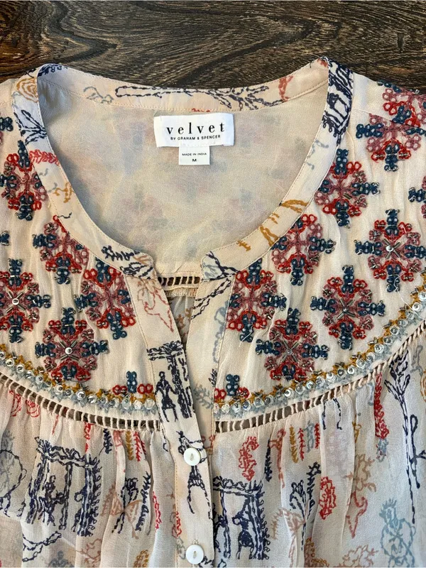 Velvet by Graham & Spencer Blouse Womens M Cream Excellent Embroidered Boho Top - Image 6