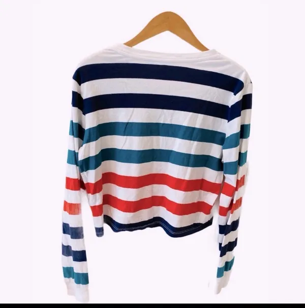 PacSun Retro Stripe Crop Top Long Sleeve White M 70s Blue Green Rust - Image 4