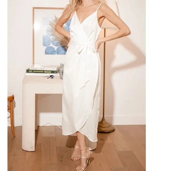 NEW Lulus Joice White Satin Tie Waist Wedding Bridal Shower Midi Dress Medium - Image 2