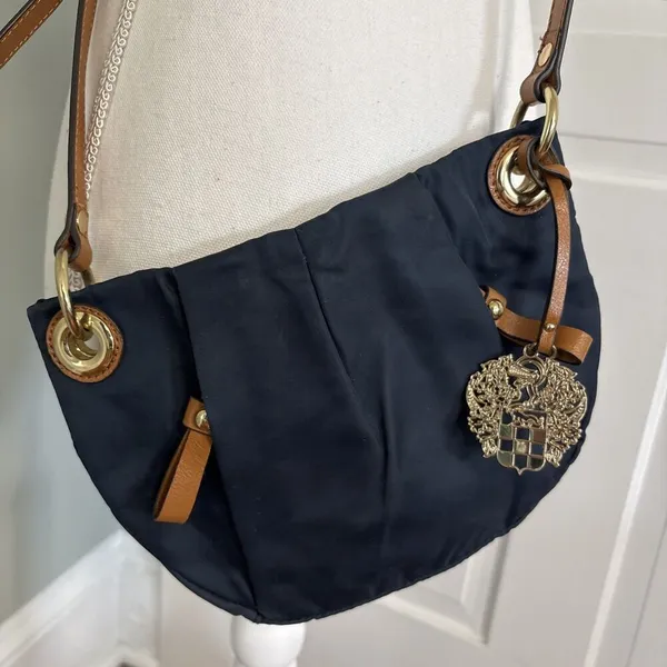 Vince Camuto Cris Blue Nylon Brown‎ Leather Crossbody Tassel Bag Gold - Image 2
