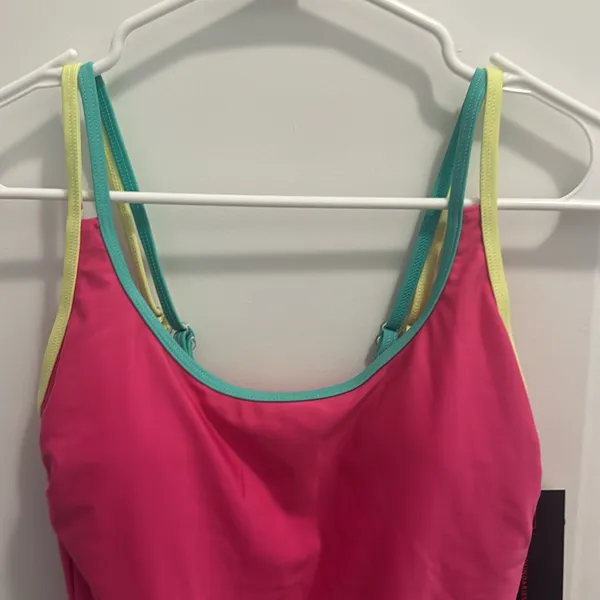 No Boundaries Pink One-Piece High Leg Swimsuit Yellow and Green Straps Size M - Image 2