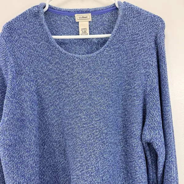 Vintage LL Bean Blue Marled Chunky Knit Cotton Crew Neck Pullover Sweater XL - Image 4