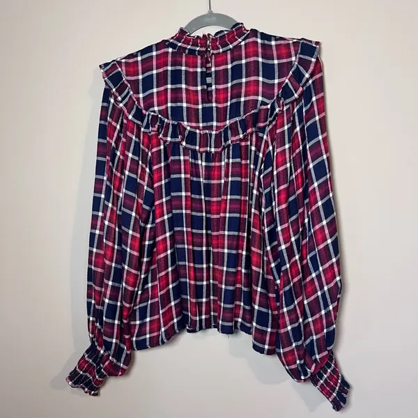 Free People Charlie Ruffle Plaid Smocked High Neck Top Holiday Red M - Image 6
