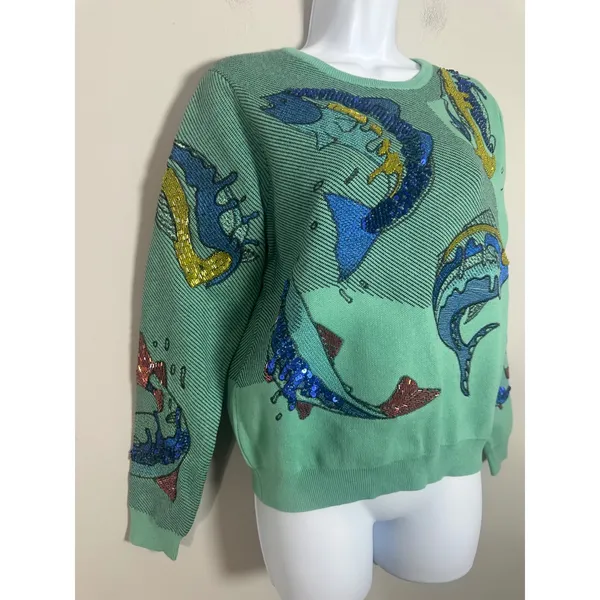 Vintage Style Mint Green Sequin Beaded Fish Knit Crewneck Sweater Large - Image 2