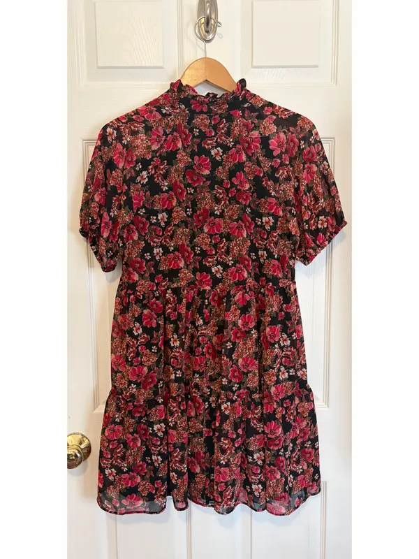 1. State Red Black Floral Puff Sleeve Dress Size Small Ruffle Babydoll Flowers - Image 2