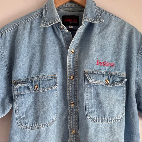 Vintage 90’s Sunbelt Sportswear Indiana University Button Down Denim Shirt Med - Image 3
