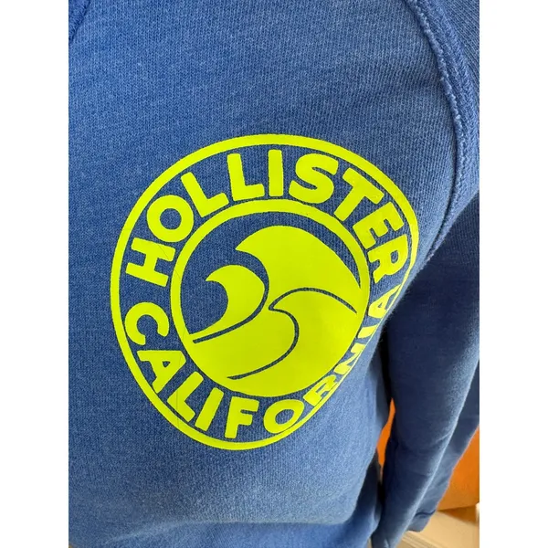 Hollister California Blue Sweatshirt Neon Green Logo Graphic Pullover Small - Image 4