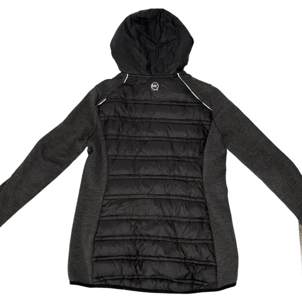 Michael Kors Black Knit-Sleeve Puffer Coat Hooded‎ Zip Up Women's Size Small - Image 2