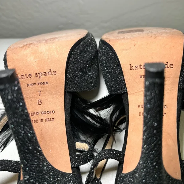Kate Spade‎ Glitter Feather Black Open Toe Slingback Pumps Heels Size 7 - Image 5