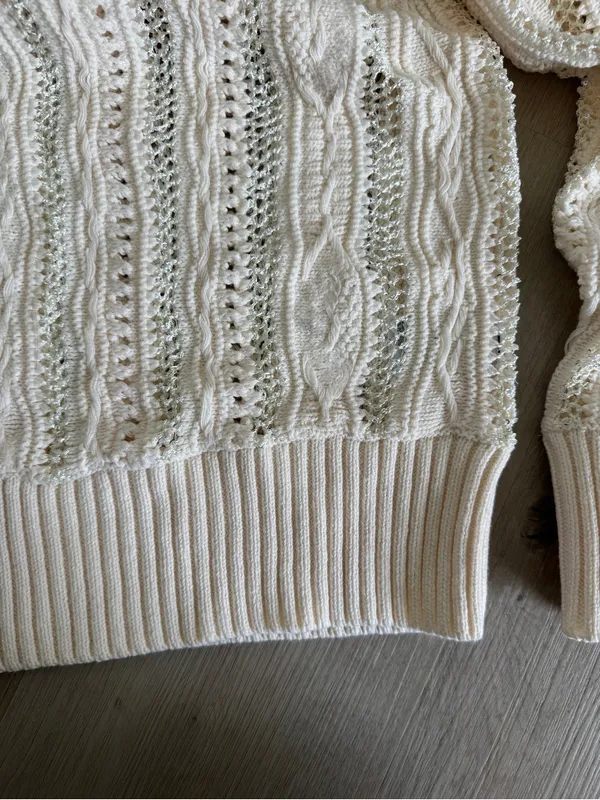 Style & Co. Cream Cable Knit Sequin Crewneck Sweater - Image 4