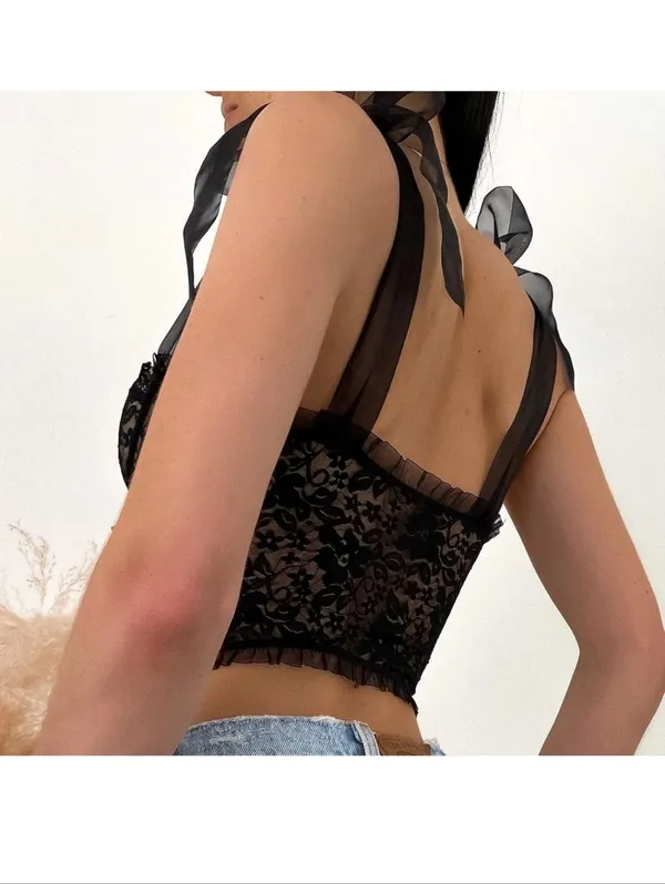 Lace Sheer Corset Top Ribbon Straps Black L - Image 2